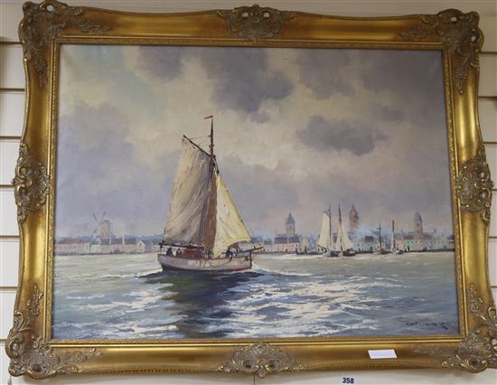 T. Attinger, oil on canvas, Off the Dutch coast, 59 x 79cm